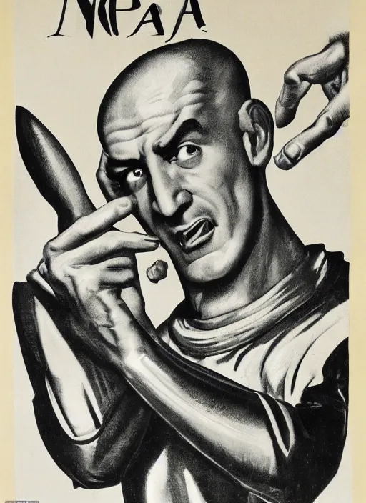 Image similar to portrait of glamorous bald medieval man with big nose and annoyed gesture,look of hate, threatening pose, 1940s propaganda poster, full hd,highly detailed