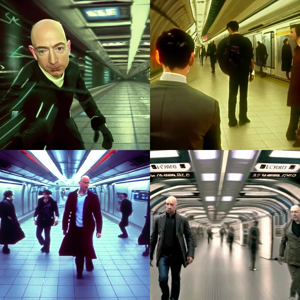 Prompt: Jeff Bezos fighting Neo in the subway station in The Matrix, cinematic, high-quality, 8K