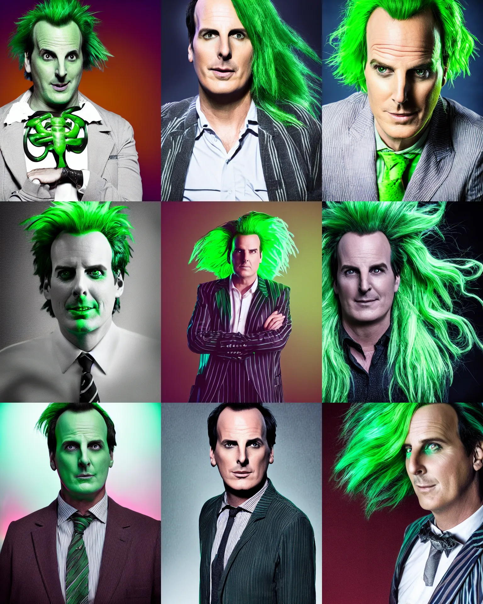 Prompt: Will Arnett as Beetlejuice, green hair, cinematic lighting, 4k portrait photograph