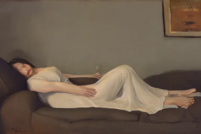 Prompt: Full body reclined portrait painting at dawn Tonalism