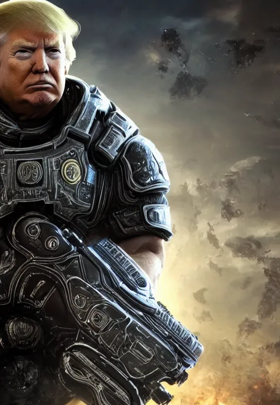 Image similar to Portrait of Donald Trump as emperor of humanity in Gears of War, splash art, movie still, cinematic lighting, dramatic, octane render, long lens, shallow depth of field, bokeh, anamorphic lens flare, 8k, hyper detailed, 35mm film grain