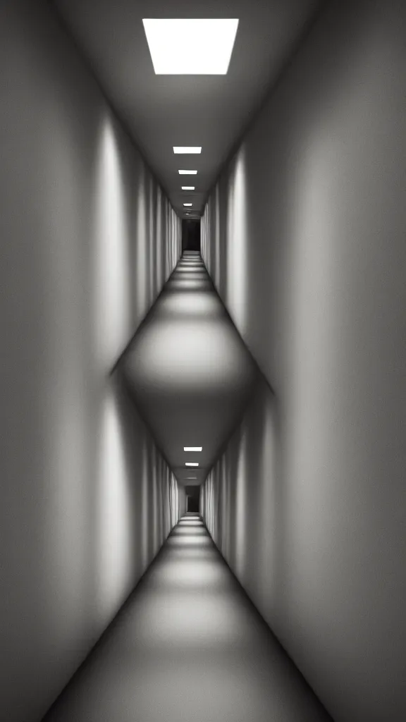 Image similar to dark and dim corridor, haunted, long exposure, detailed, hyper realistic, photorealism, ultra wide angle view, cinematic, peaceful, volumetric lighting