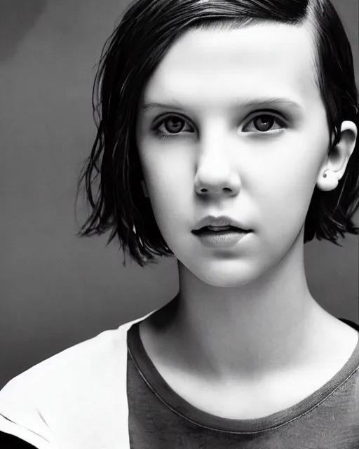 Prompt: close up photo of millie bobby brown by yoji shinkawa, black and white