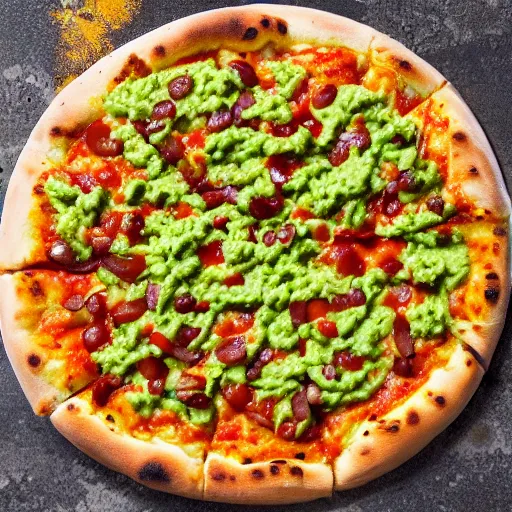 Prompt: photo of a pizza with nacho topping, salsa, guac, chilli beans