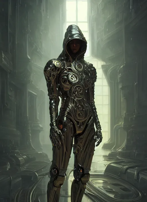 Prompt: robotic guy with hoodie, d & d, wet, shiny, fantasy, intricate, elegant, extremely higly detailed, ultra definition, digital painting, artstation, anatomical perfection, baroque, portrait, unreal engine 5, concept art, smooth, sharp focus, illustration, art by artgerm and greg rutkowski and alphonse mucha