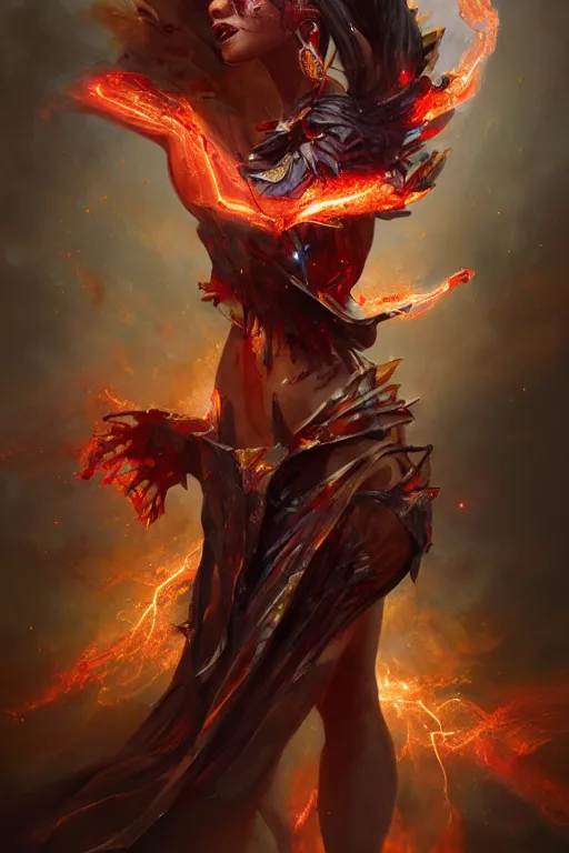 Prompt: model wearing exploding fire electricity and blood, sorcerer, diamonds, angel, fantasy, dramatic lighting, highly detailed, digital painting, holding electricity, magic the gathering, hyper detailed, 3 d render, hyper realistic detailed portrait, peter mohrbacher, wlop, ruan jia
