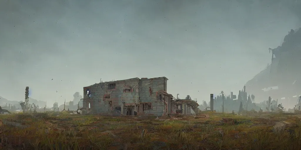 Image similar to abandoned civilisation at morning, landscape painted by simon stalenhag