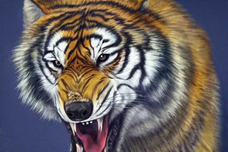 Image similar to wolf tiger hybrid animal, growling, fangs, portrait by tim eitel