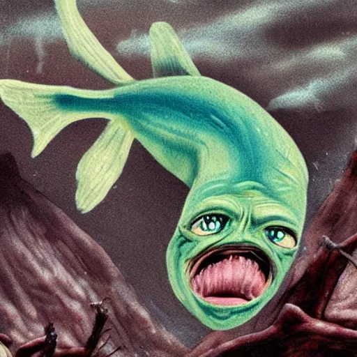 Image similar to gollum - faced fish, thunderstorm, rain, depressive