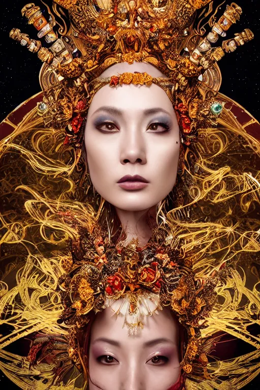 Image similar to a beautiful empress portrait, with a brilliant, impossible striking big cosmic galaxy headpiece, clothes entirely made out of cosmos chaos energy, symmetrical, dramatic studio lighting, rococo, baroque, jewels, asian, hyperrealism, closeup, D&D, fantasy, intricate, elegant, highly detailed, digital painting, artstation, octane render, 8k, concept art, matte, sharp focus, illustration, art by Artgerm and Greg Rutkowski and Alphonse Mucha