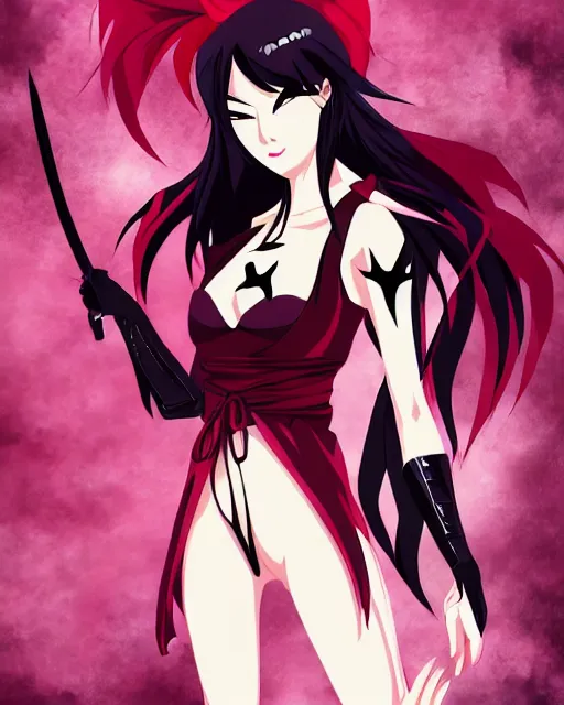 Image similar to beautiful female asian vampire ninja showing her fangs, in a menacing pose, anime key visual, clean linework