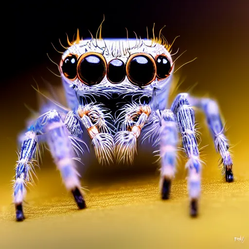 Image similar to a jumping spider using tiny computer keyboard tiny, by pixar, macro lens, iridescent, photomontage