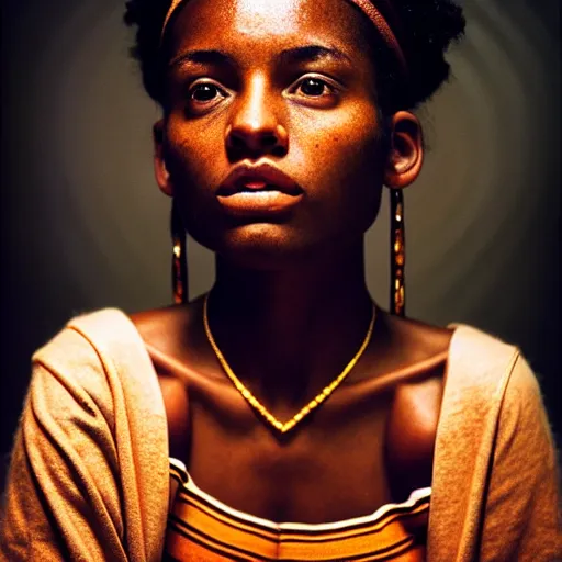 Prompt: beautiful african-american woman with soft skin, cornrows, 8K artistic photography, photorealistic, chiaroscuro, by Steve Mccurry, Joey L, Raphael, Caravaggio