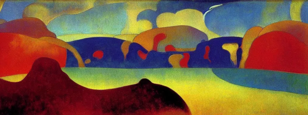 Prompt: An insane, modernist landscape painting. Wild energy patterns rippling in all directions. Curves, organic, zig-zags. Mountains, clouds. Rushing water. Waves. Psychedelic dream world. Odilon Redon. Andre Derain.