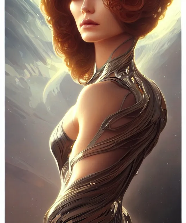 Prompt: futuristic dress woman portrait, sci-fi, amber eyes, face, long hair, fantasy, intricate, elegant, highly detailed, digital painting, artstation, concept art, smooth, sharp focus, illustration, art by artgerm and greg rutkowski and alphonse mucha