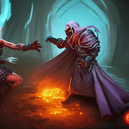 Prompt: a necromancer is fighting a warlock with magic spells , epic fight scene , Grim fantasy, illustration , concept art,