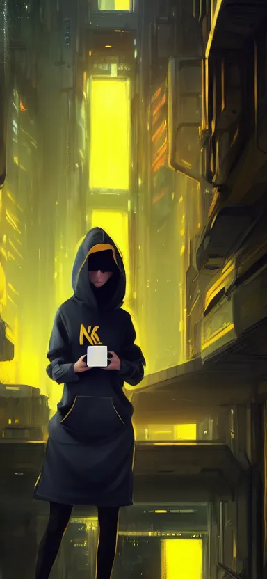 Image similar to a vtuber model concept art of a beautiful girl in a black and yellow hoodie holding an iphone, blue eyes, long hair, full body art, futuristic city background, artstation, digital art, commission art, style by jordan grimmer and greg rutkowski, 4 k resolution