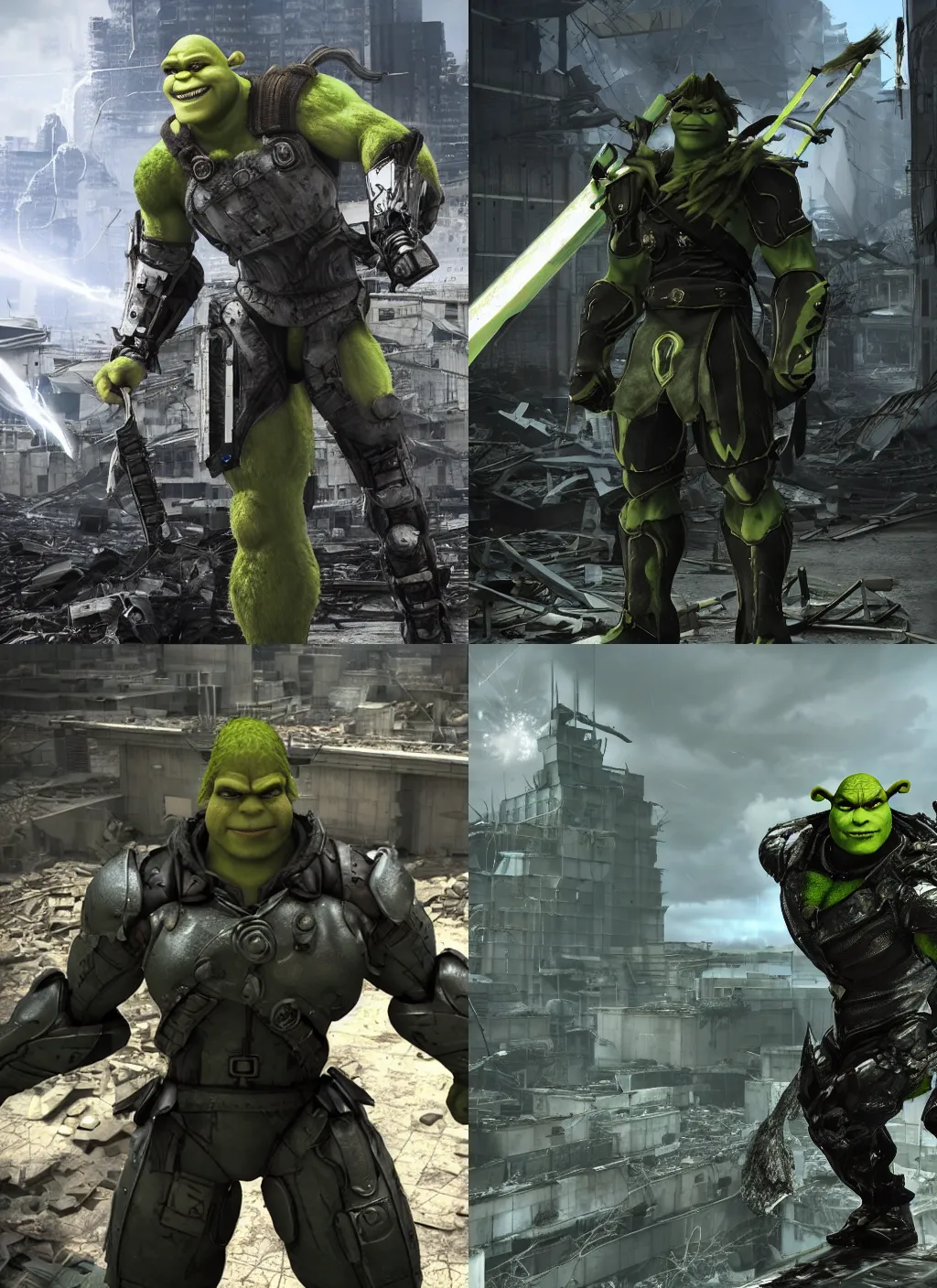 Prompt: character portrait of shrek as raiden in metal gear rising revengeance standing in a destroyed building, in the style of metal gear rising!!!, metal gear, shrek, octane render, 8 k, realistic face, ray tracing, ps 5, subsurface scattering, ambient occlusion