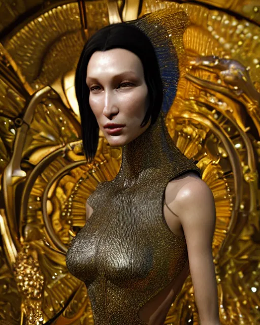 Image similar to a highly detailed metahuman 4 k close up render of an alien goddess bella hadid as alien in iris van herpen dress schiaparelli in diamonds crystals swarovski and jewelry iridescent in style of alphonse mucha gustav klimt trending on artstation made in unreal engine 4