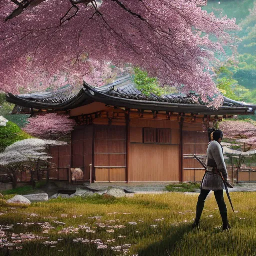 Image similar to hyperrealistic painting of a highly detailed photorealistical samurai, in the background traditional Japanese hut, cherry blossom trees outside, Feng Shui Style, cinematic concept art, art station, award winning art, 8k, octane render, unreal engine 5