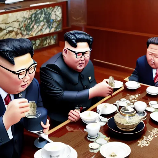 Prompt: trump and kim jong un drinking tea together in a pyongyang cafe, with view to the kim il - sung square from above, very detailed, highly detailed, very beautiful, perfect faces and eyes, nyt, wapo