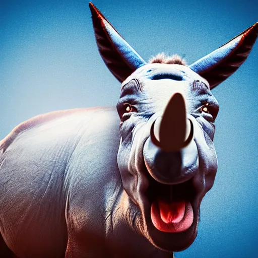 Prompt: angry blue donkey arguing with angry red elephant, white background, photo realistic