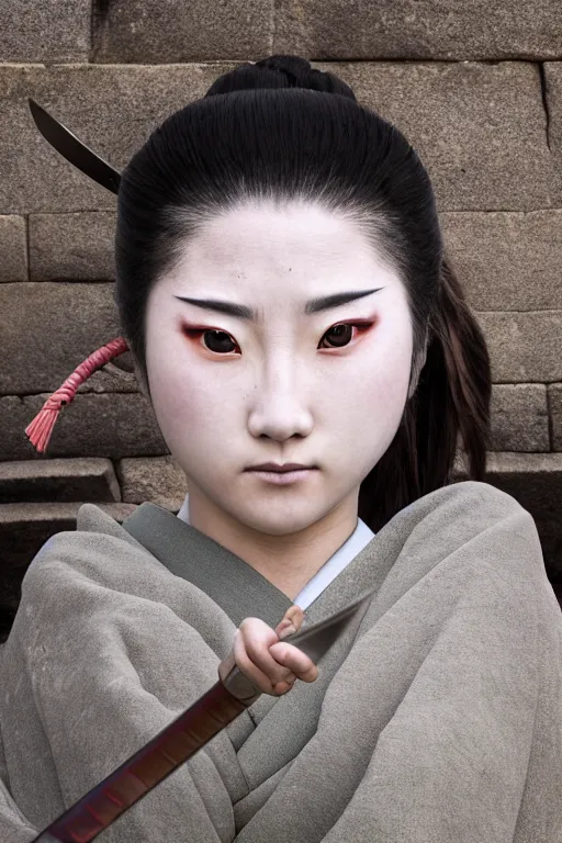 Image similar to highly detailed beautiful photo of a young female samurai, practising sword stances in a ancient temple, symmetrical face, beautiful eyes, realistic anime art style, 8 k, award winning photo, pastels colours, action photography, 1 / 1 2 5 shutter speed, sunrise lighting