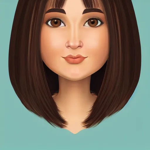 Image similar to chubby brunette woman with straight hair in a short bob, round face, romanian heritage, brown eyes, olive skin, bulbous nose, big chin, wide face, no bangs, digital art, cartoon, cute, 8k, illustration, trending on artstation, medium shot, head shot