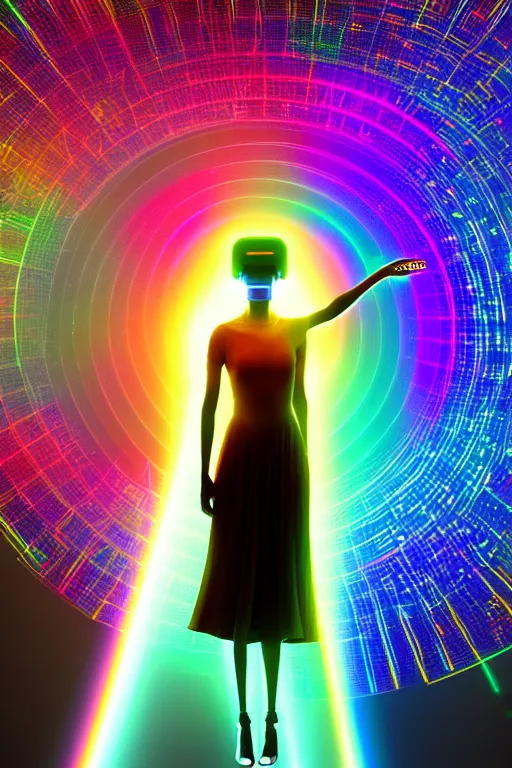 Prompt: portrait of the goddess of artificial intelligence as a hologram, in front of a rainbow of data, threads of light in the background, extremely high quality artwork, very detailed, obscured face, anthropomorphic silhouette, trending on artstation