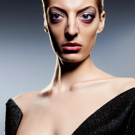 Image similar to a beautiful portrait of young flavia lucini as femme fatale bond villain, highly detailed, in the style of cinematic, getty images, milan fashion week backstage, makeup by pat mcgrath, greg rutkowski
