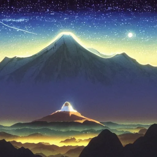 Prompt: a mountain with a star trail in the sky, a detailed matte painting by studio ghibli, cg society, symbolism, toonami, matte painting, reimagined by industrial light and magic