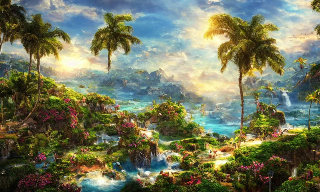 Image similar to epic paradise landscape, high definition, high detail, 8k, photorealistic,