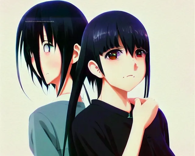 Image similar to beautiful anime girl with long black hair and bangs, beautiful anime guy with white hair, wearing black clothes, couple, fine details portrait, japense village in background, bokeh. anime masterpiece by Studio Ghibli. illustration, sharp high-quality anime illustration in style of Ghibli, Ilya Kuvshinov, Artgerm