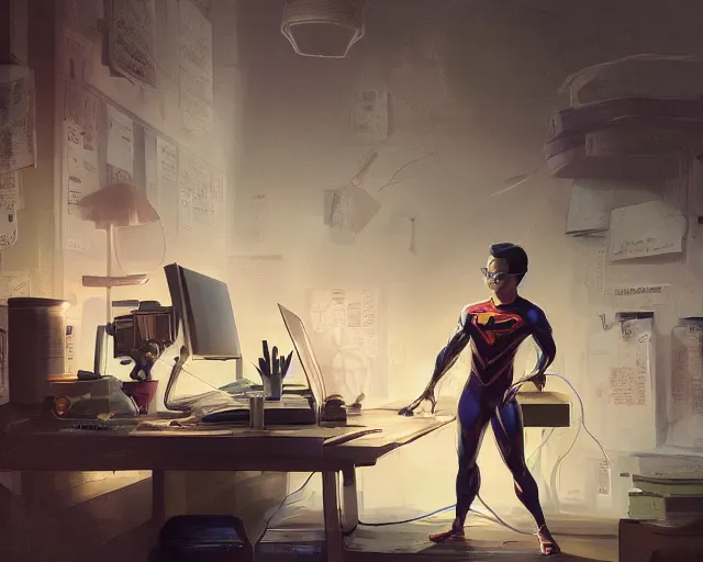 Image similar to an insanely detailed painting of a nerdy asian man wearing a superhero costume, sitting at a desk, staring at the nervously at the computer and typing, in the style of peter mohrbacher, dramatic lighting and composition, octane render, pixar, trending on artstation, concept art, comic book, view from behind