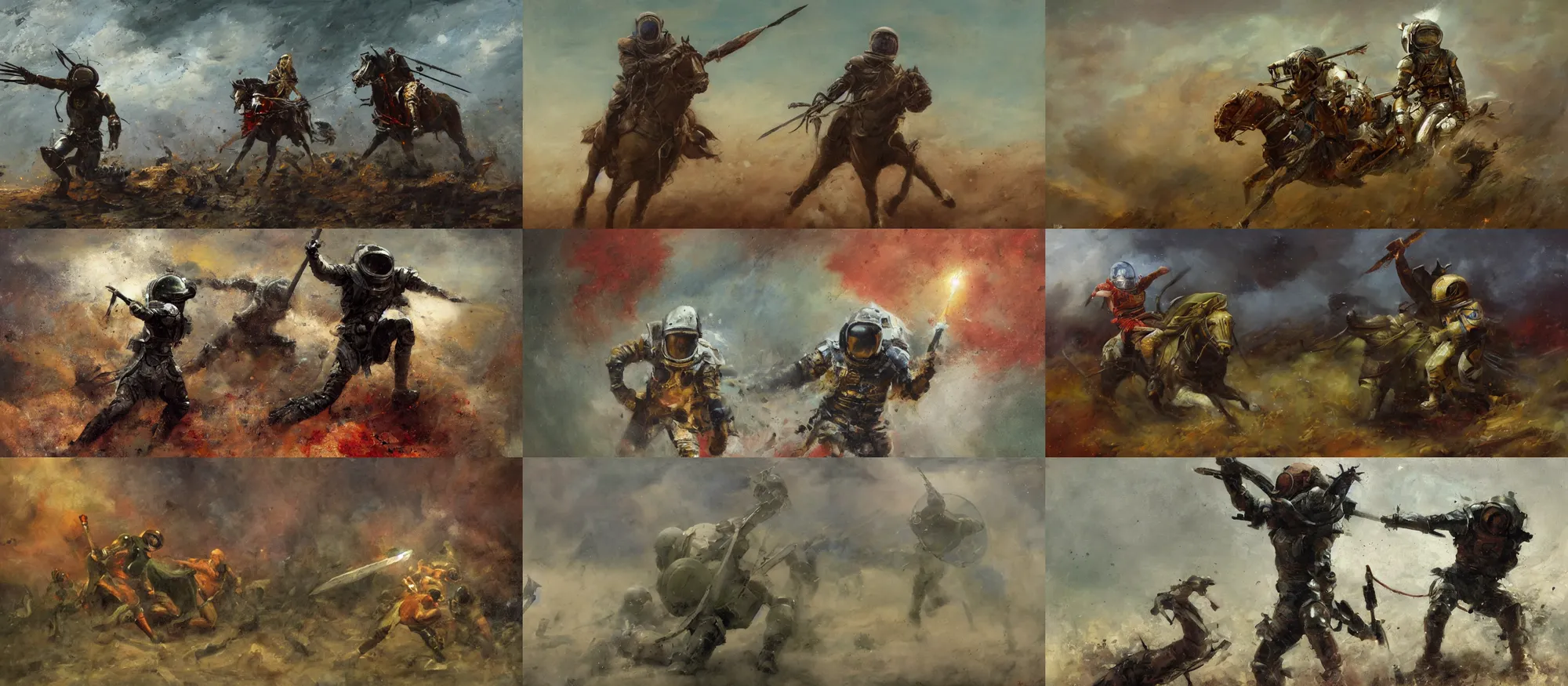 Image similar to battle scene, gladiator - astronaut using shield and knife, segmented armor, luminist style, tonalism, dramatic lighting, action scene, palette knife, frenetic brushwork, chiaroscuro, figurative art, detailed, proportions, spatter, dust, atmospheric, volumetric lighting, red iron oxide, raw sienna, and sage green