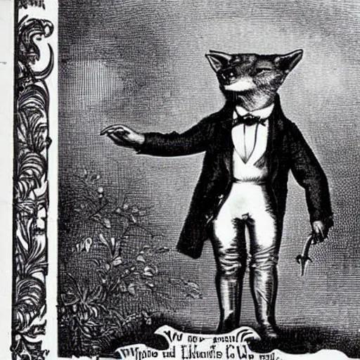Image similar to 1890s advertisement featuring an anthropomorphic wolf