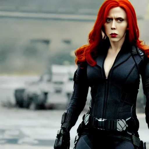 Image similar to a still frame of nicholas cage as black widow, from the 2 0 1 2 film the avengers