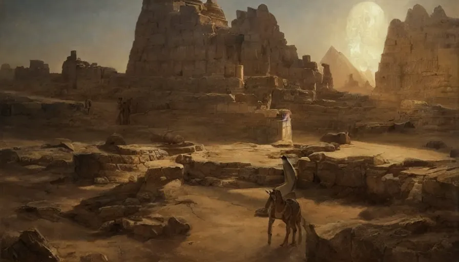 Image similar to beautiful landscape oil matte painting, of ancient egypt giant satue of anubis, art by anders zorn, wonderful masterpiece by greg rutkowski, beautiful cinematic light, thomas lawrence, greg rutkowski