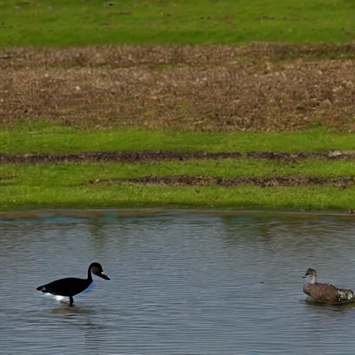 Prompt: adult eurasian coot chasing trio of ducks out of pond