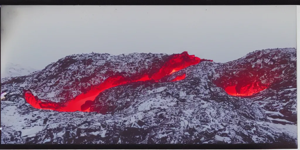 Image similar to polaroid photo of a vulcanic eruption in a snowy icy area, bright red lava, bright white snow and ice