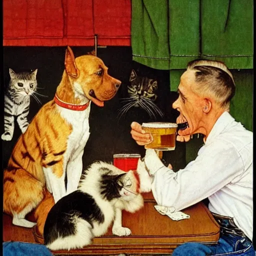 Prompt: norman rockwell painting of cats and dogs drinking beer