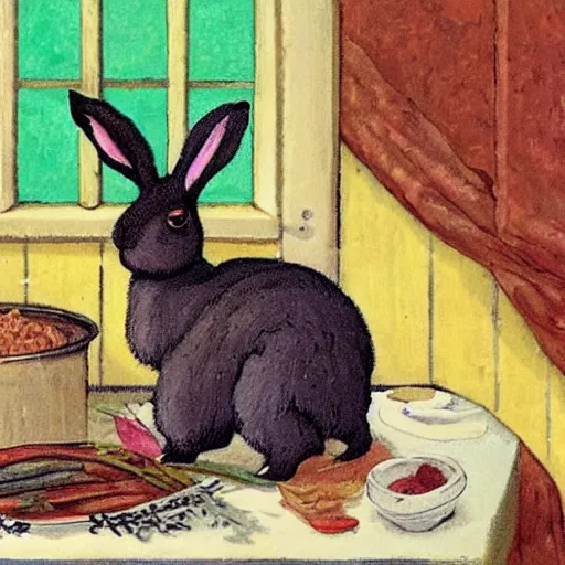 Prompt: a rabbit is cooking dinner for an alpaca in the style of gifford beal