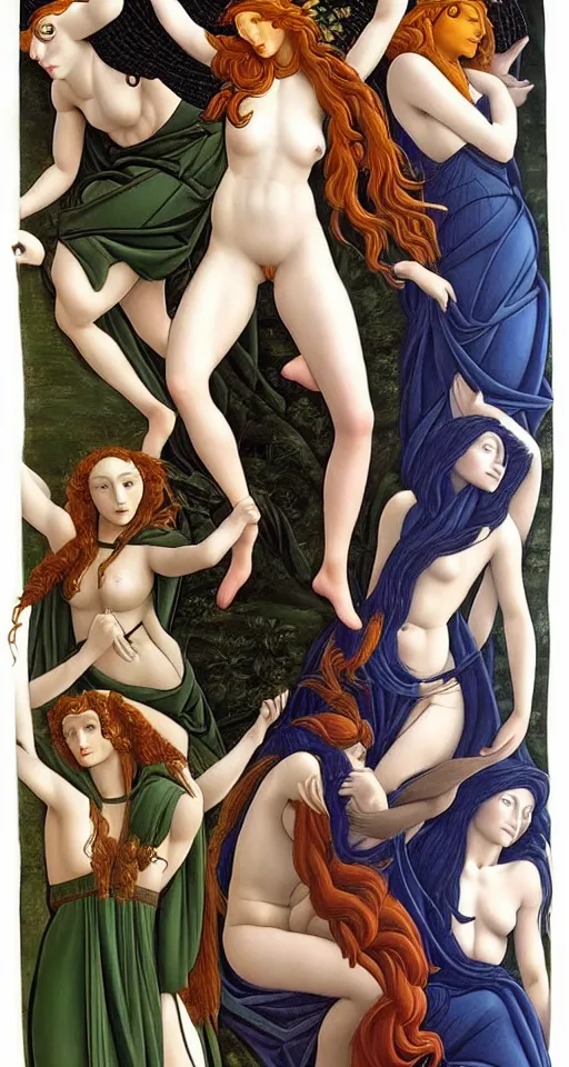 Prompt: 12 figures, representing the 4 seasons, (3 are Winter, 3 are Spring, 3 are Summer and 3 are Autumn), in a mixed style of Botticelli and Æon Flux!!, inspired by pre-raphaelite paintings, and cyberpunk!!!, stunningly detailed, stunning inking lines, flat colors, 4K photorealistic