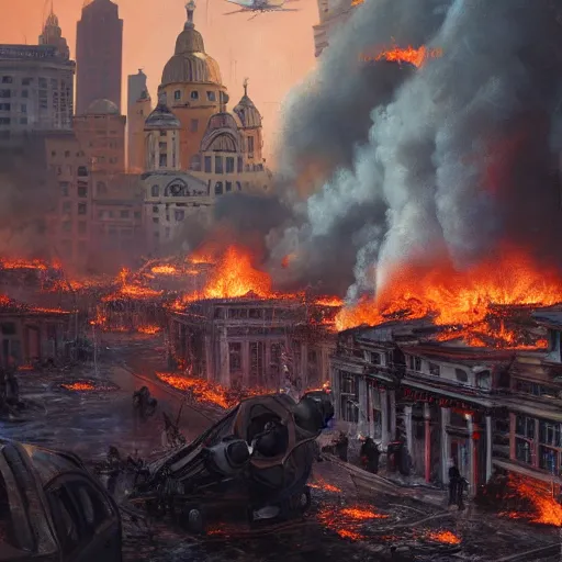 Prompt: City ablaze after cryptic aliens burned the old city center, people panicking and tanks rolling on the streets, cinematic lighting, high quality 8k hd, oil on canvas, hyperralistic art