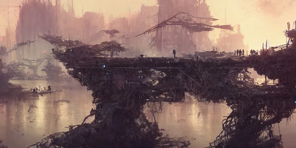 Image similar to concept art of a ruined bridge crossing a polluted lake filled with shipwrecks, grimy, gritty, blade runner 2 0 4 9, trending on artstation, award winning painting, cgi, art by john berkey and anton fadeev and john howe and simon stalenhag