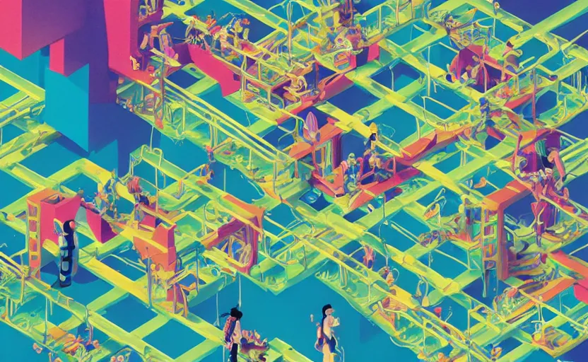 Image similar to chutes and ladders, centered award winning digital illustration, isometric illustration by beeple, edited by mc escher, detailed by raqib shaw, popsurrealism, symmetrically isometrically centered