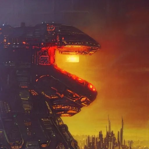 Image similar to giant robot with ominously glowing red eyes stands on top of city that is on fire, concept art, intricate details, highly detailed, in the style of chris foss, rodger dean, moebius, michael whelan, and gustave dore