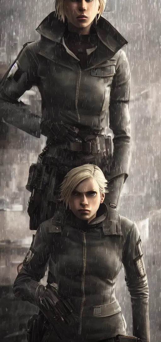 Prompt: annie leonhart in dunwall city wearing recon corps uniform, mid air shot, redshift render, beautiful face, detailed face, cinematic lighting, rainy weather, melancholy atmosphere, dunwall city, volumetric light, octane render, dishonored 1, gothic architecture, realistic reflections, octane render 8 k