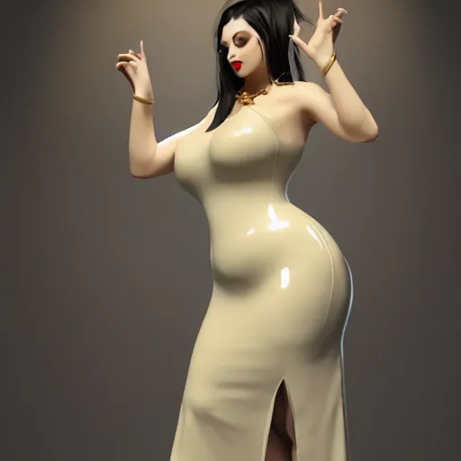 Image similar to curvy feminine hot goth cutie in a sublime elegant polished white latex neck-high gown with golden trim and latex leggings, thin waist, cgsociety, photorealistic, comfy ambience, idealistic, 16k, smooth, sharp focus, trending on ArtStation, volumetric lighting, fully clothed, worksafe