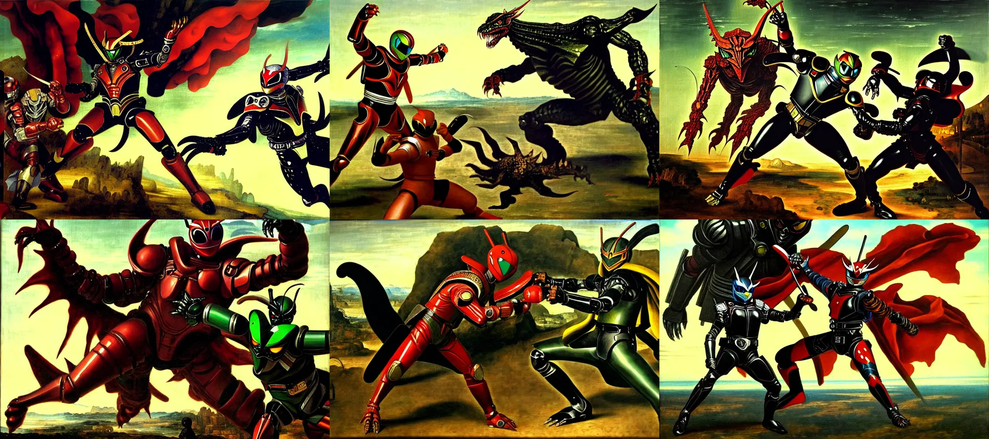 Prompt: a renaissance oil painting of kamen rider sparring with a kaiju by al williamson and rembrandt, trending on artstation